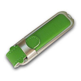 USB-Flash накопитель (флешка) в массивном кожаном корпусе с мет. вставками, модель 212, объем памяти (Зелёный)