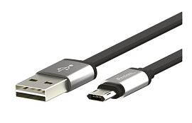 Кабель USB 2.0 - microUSB, 2.4А, двухсторонний, плоский (Чёрный)