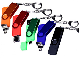 Флешка 3 в 1 поворотный механизм, c двумя дополнительными разъемами MicroUSB и TypeC, 16Гб (Зелёный)
