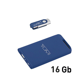 Набор: зарядное устройство "Theta" 4000 mAh + флеш-карта "Vostok" 16 Гб в футляре, с покрытием SOFT  (Тёмно-синий)