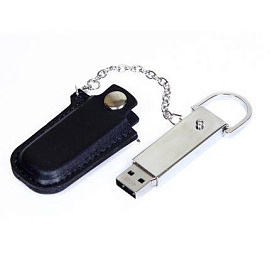USB-Flash накопитель (флешка) в металлическом корпусе с кожаным чехлом на цепочке, модель 214, объем (Чёрный)