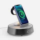 Bluetooth-колонка с беспроводной зарядкой и часами netEnergy, серая Bluetooth-колонка с беспроводной