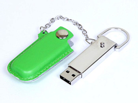 Флешка с кожаным чехлом 8 Гб. Коричневый, USB2.0 (Зелёный)