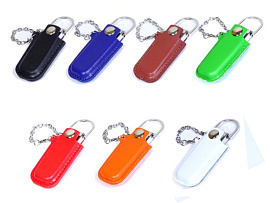 USB-Flash накопитель (флешка) в металлическом корпусе с кожаным чехлом на цепочке, модель 214, объем (Коричневый)