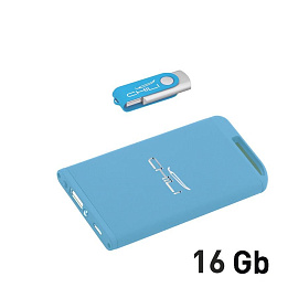 Набор: зарядное устройство "Theta" 4000 mAh + флеш-карта "Vostok" 16 Гб в футляре, с покрытием SOFT  (Голубой)