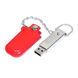 USB-Flash накопитель (флешка) в металлическом корпусе с кожаным чехлом на цепочке, модель 214, объем (Красный)