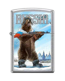 Зажигалка ZIPPO Русский медведь с покрытием Street Chrome, серебристая (Серебряный; Голубой; Коричневый)