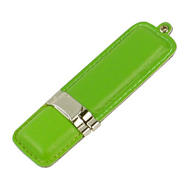 USB-Flash накопитель (флешка) в кожаном корпусе с металлическими вставками, модель 215, объем памяти (Зелёный)