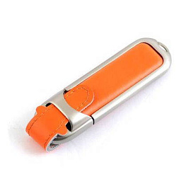 USB-Flash накопитель (флешка) в массивном кожаном корпусе с мет. вставками, модель 212, объем памяти (Оранжевый)