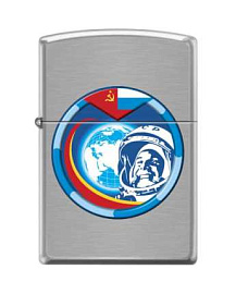 Зажигалка ZIPPO Гагарин с покрытием Brushed Chrome, серебристая (Серебряный; Голубой)