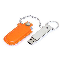 USB-Flash накопитель (флешка) в металлическом корпусе с кожаным чехлом на цепочке, модель 214, объем (Оранжевый)