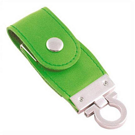 USB-Flash накопитель (флешка) в виде брелка в кожаном корпусе с мет. вставками, с клапаном на кнопке (Зелёный)