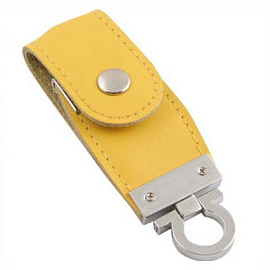 USB-Flash накопитель (флешка) в виде брелка в кожаном корпусе с мет. вставками, с клапаном на кнопке (Жёлтый)