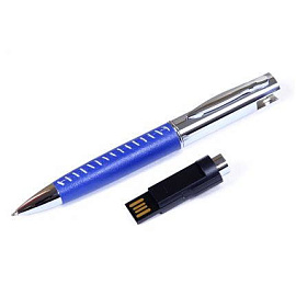 USB-Flash накопитель (флешка) - металлическая ручка с кожаными вставками, модель 350, объем памяти 3 (Синий)