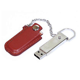 USB-Flash накопитель (флешка) в металлическом корпусе с кожаным чехлом на цепочке, модель 214, объем (Коричневый)