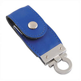 USB-Flash накопитель (флешка) в виде брелка в кожаном корпусе с мет. вставками, с клапаном на кнопке (Синий)