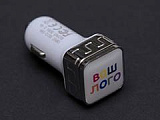 Автомобильная зарядка, 2 USB порта, квадратное основание для логотипа, Серебряный