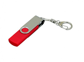 Флешка с поворотным механизмом и Micro USB ис одноцветным металлическим клипом, 64Гб (Красный)