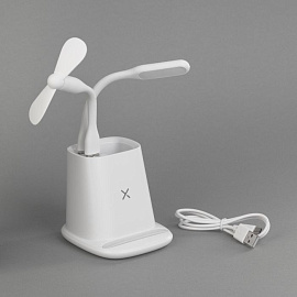 Карандашница "Smart Stand" с беспроводным зарядным устройством, вентилятором и лампой (2USB разъёма) (Белый)
