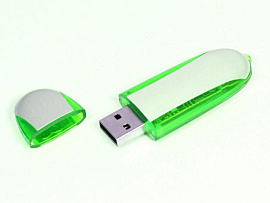 USB-Flash накопитель (флешка) овальной формы из пластика с металлическими вставками, модель 017, объ (Зелёный)