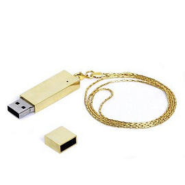 USB-Flash накопитель (флешка) в виде металлического слитка на цепочке, модель 201, объем памяти 16 G (Золотой)