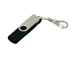 Флешка с поворотным механизмом и Micro USB ис одноцветным металлическим клипом, 64Гб (Чёрный)