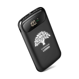 Беспроводное зарядное устройство "Shine SOFTTOUCH", 8000 mAh с подсветкой логотипа и цифровым индика (Чёрный)