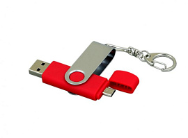 Флешка с поворотным механизмом и Micro USB ис одноцветным металлическим клипом, 16Гб (Красный)