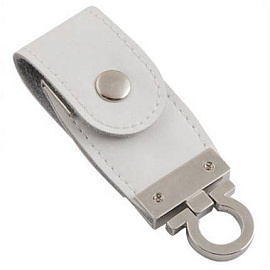 USB-Flash накопитель (флешка) в виде брелка в кожаном корпусе с мет. вставками, с клапаном на кнопке (Белый)